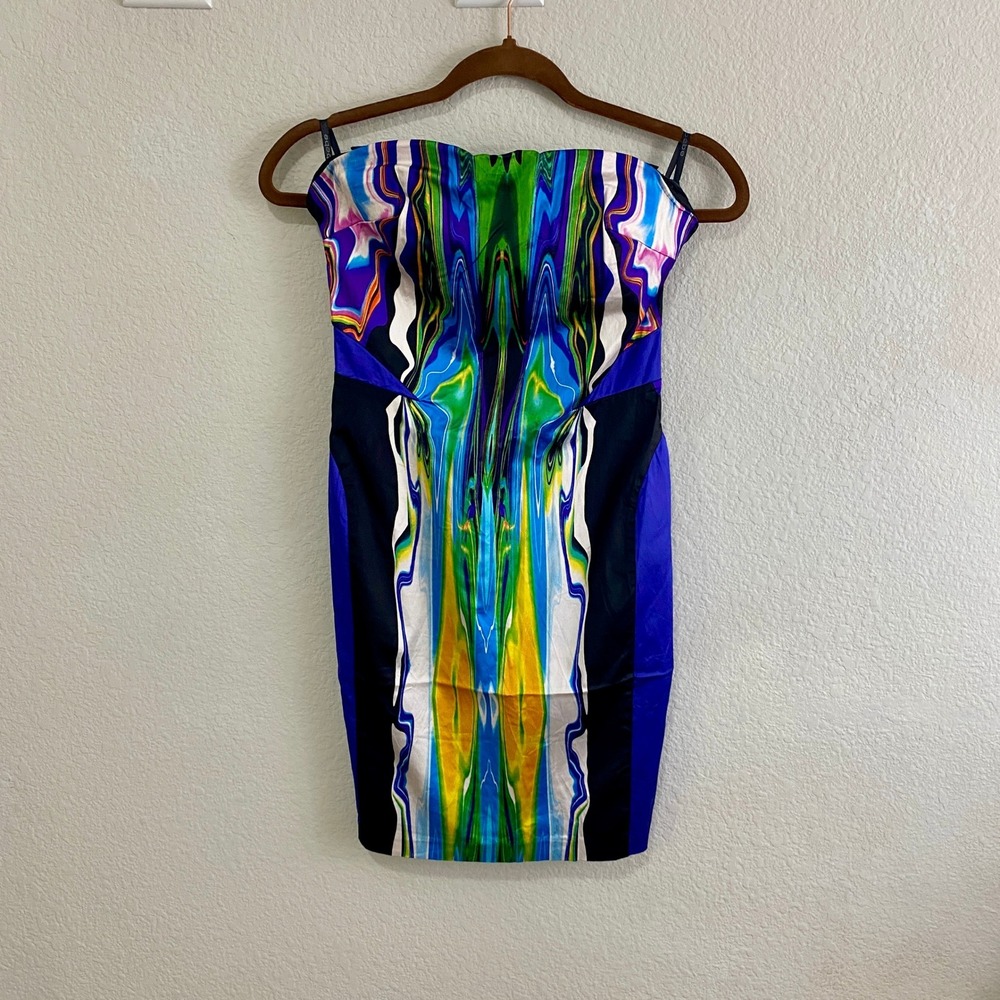 Bebe Strapless Abstract Psychedelic Bodycon Dress Size S Colorful Y2K Marble